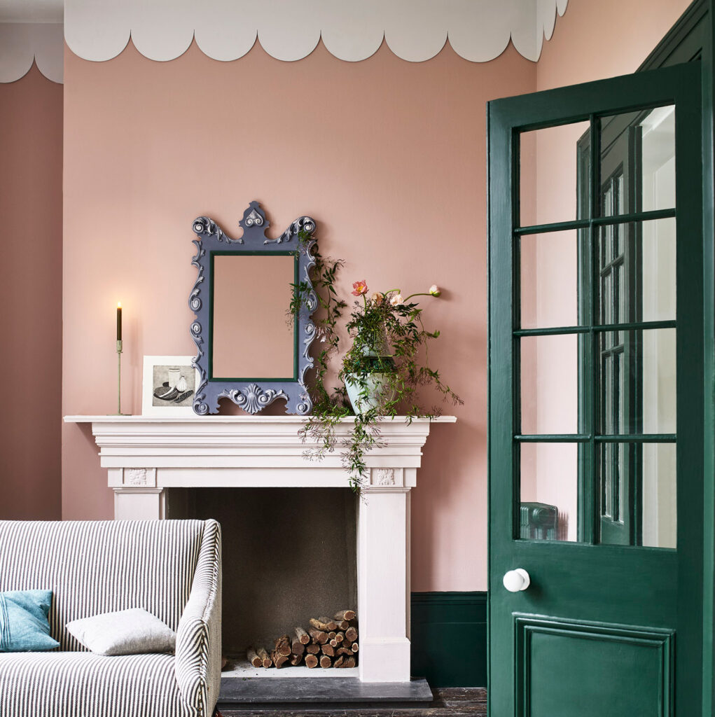 Piranesi Pink Wall Paint by Annie Sloan in a lounge with scalloped ceiling